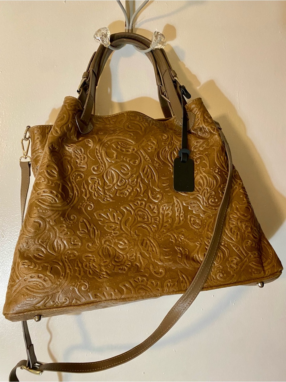 VIOLA GIGLI Leather Hand Made ITALY Embossed Floral Tote Vintage Spacious Bag